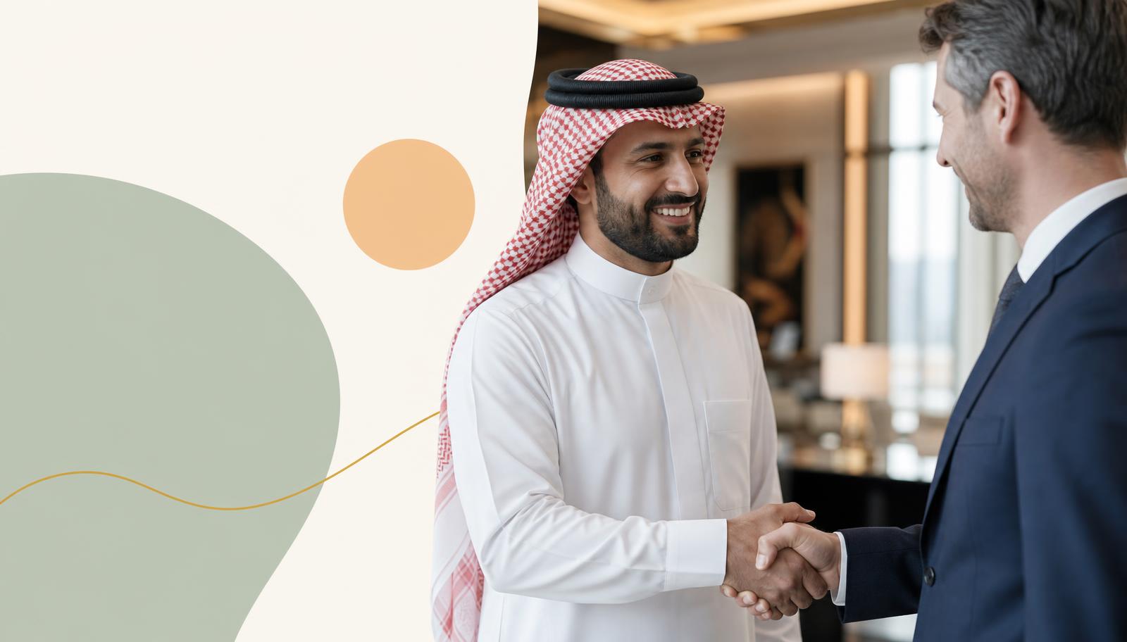 Saudi executive and international partner sealing a partnership with a handshake