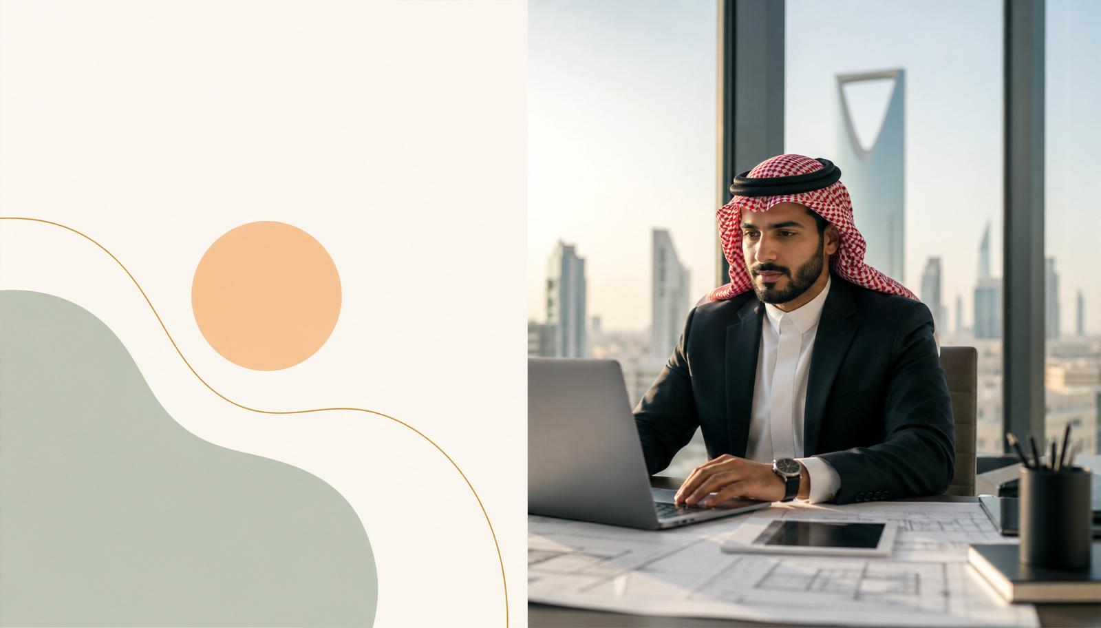 Young Saudi professional working confidently in a modern Riyadh office