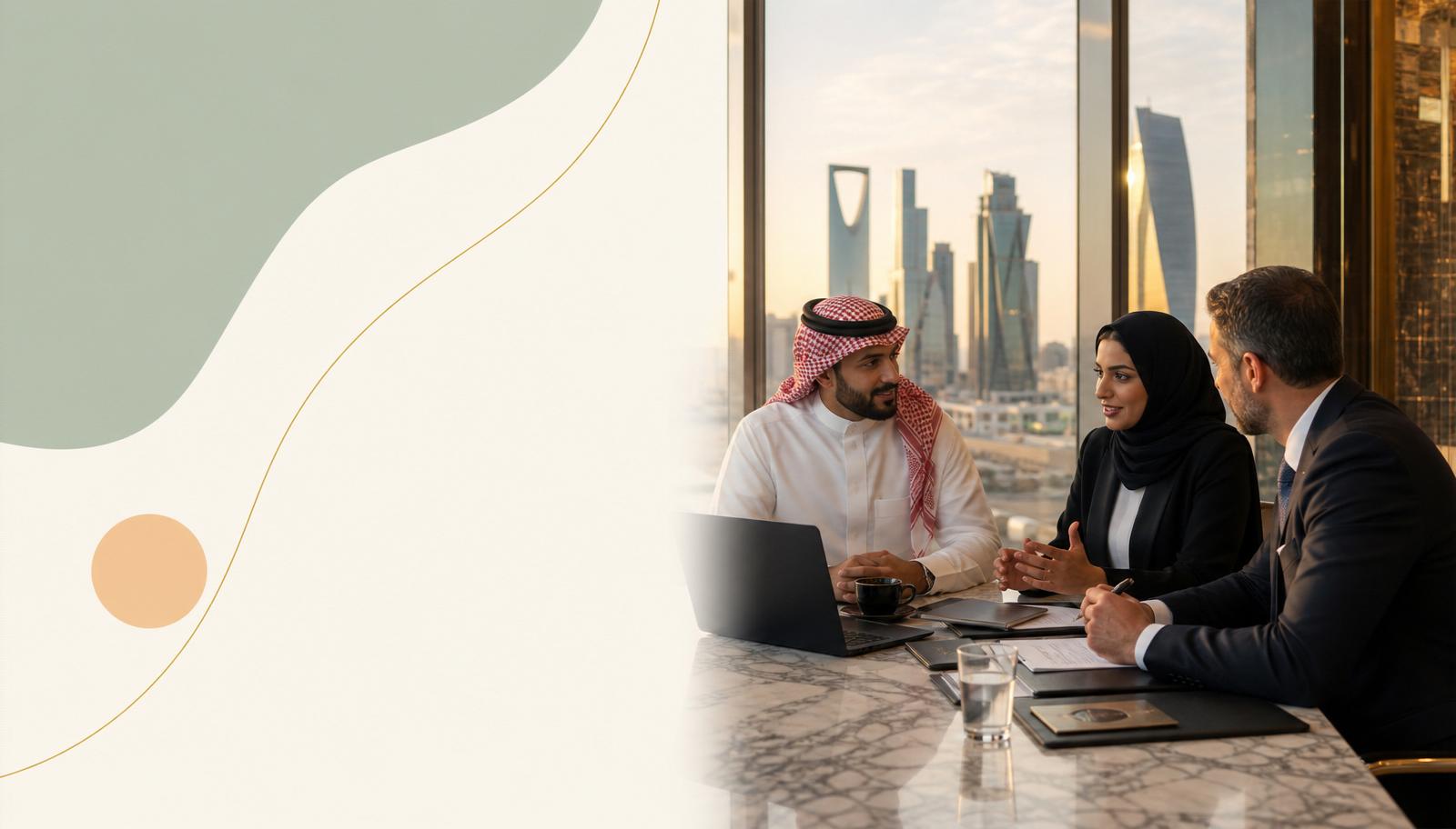Saudi executives collaborating in a modern Riyadh boardroom