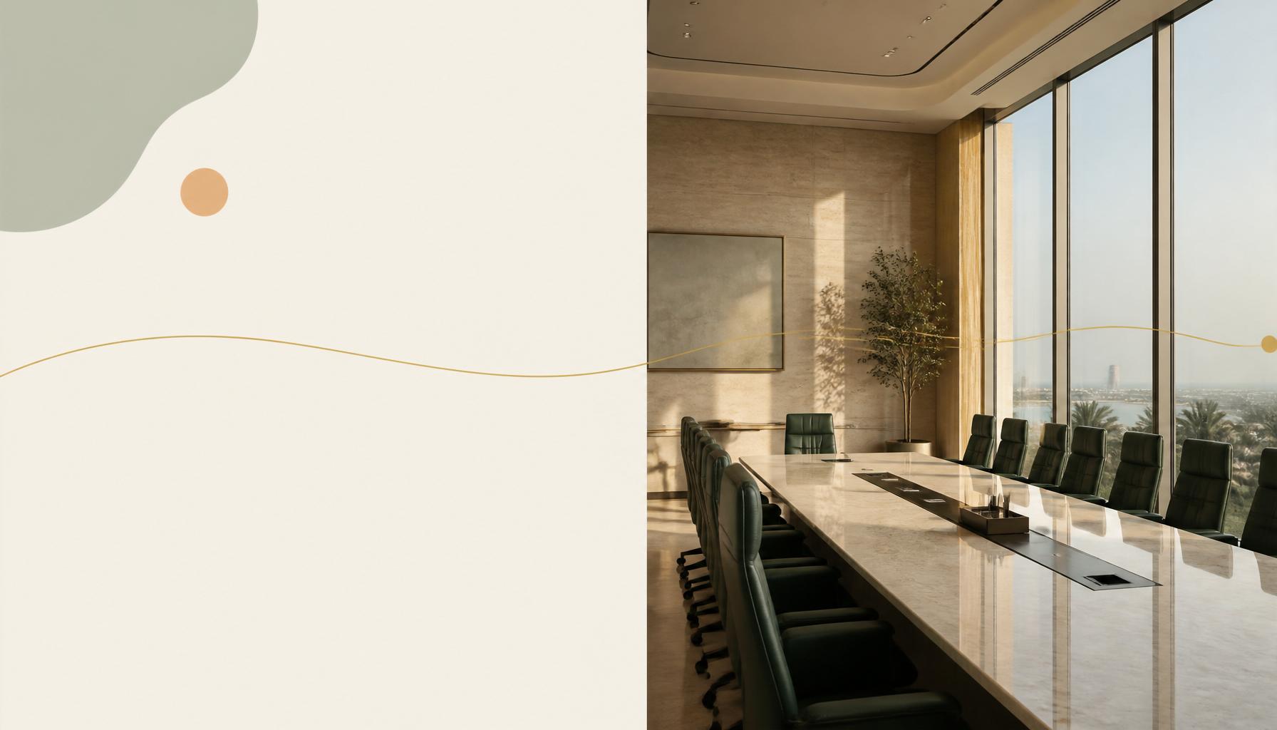 Tauzeef consultants and clients joining hands over a boardroom table in a Saudi high-rise office